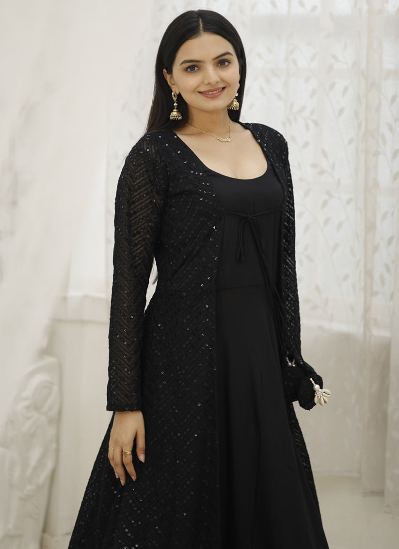 Black Rayon Gown with Crochet Work Georgette Shrug