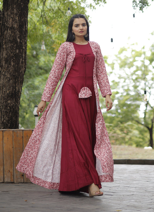 Carrot Red Rayon Gown with Crochet Work Georgette Shrug