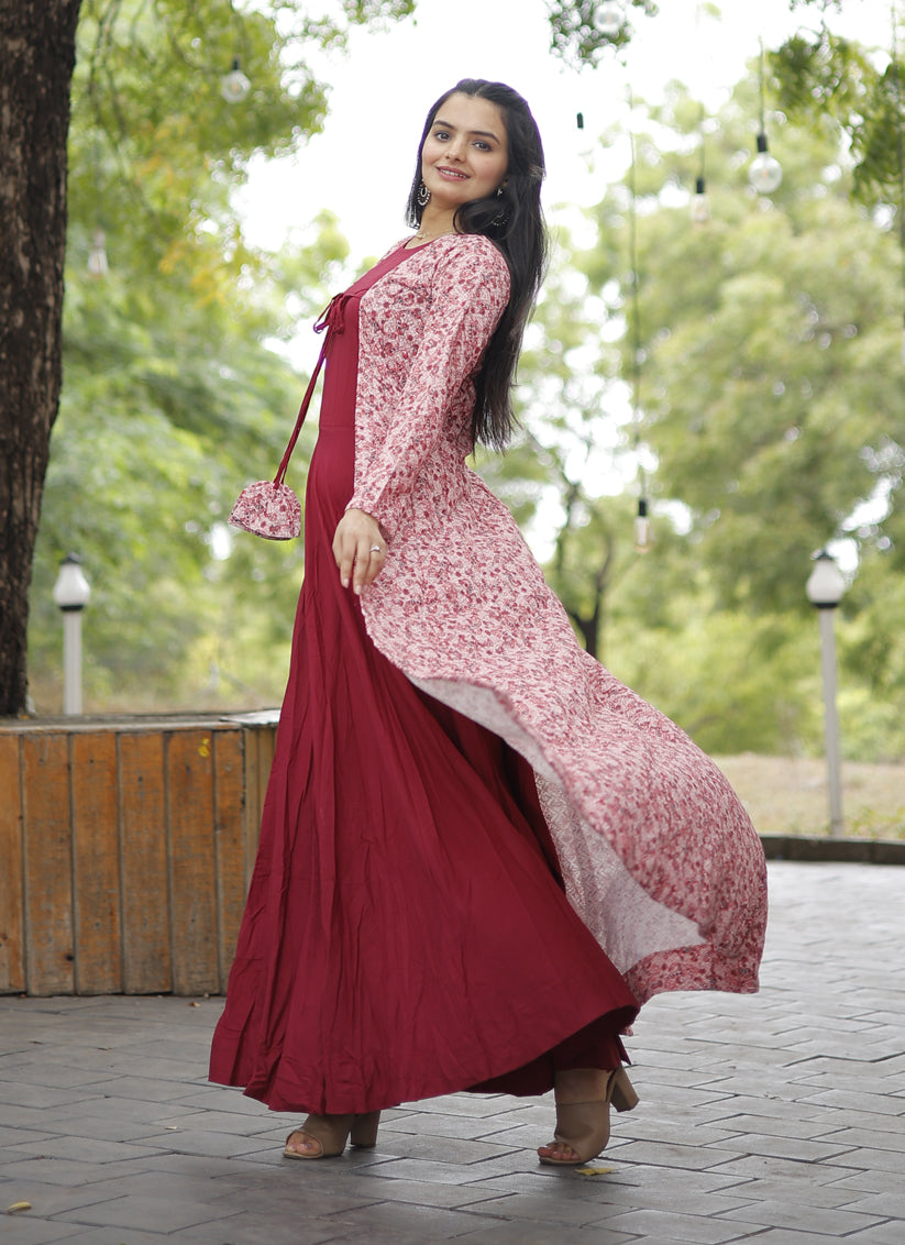 Carrot Red Rayon Gown with Crochet Work Georgette Shrug