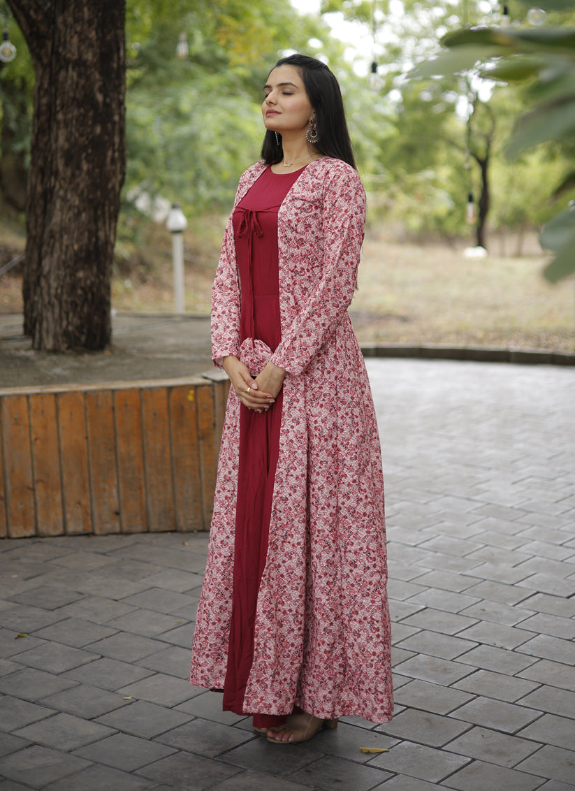 Carrot Red Rayon Gown with Crochet Work Georgette Shrug