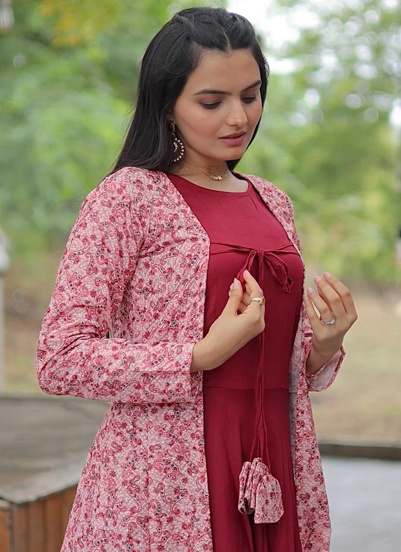 Carrot Red Rayon Gown with Crochet Work Georgette Shrug