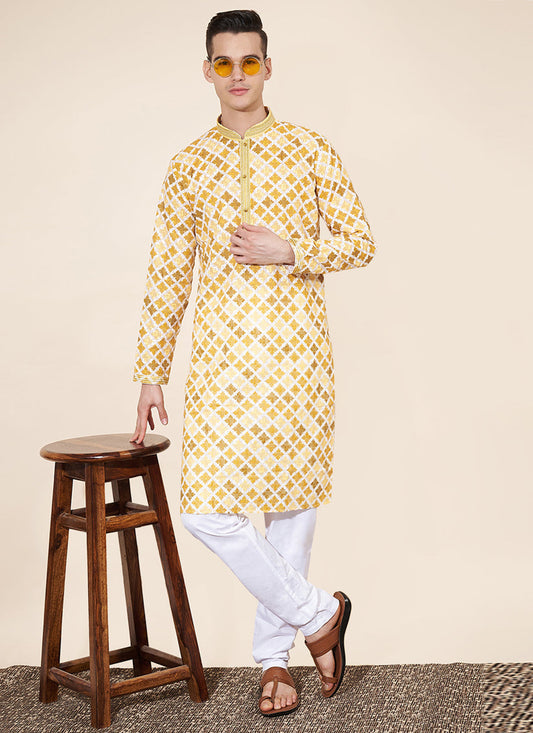 Pastel Yellow Cotton Printed Mens Kurta Pajama Set