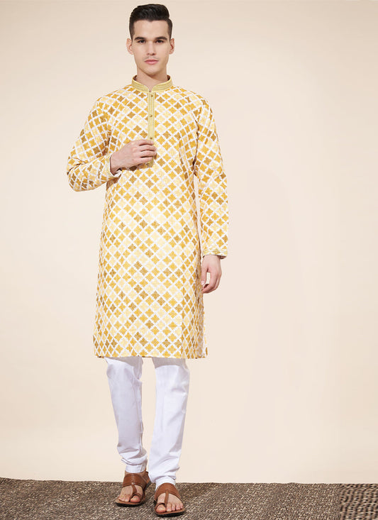 Pastel Yellow Cotton Printed Mens Kurta Pajama Set