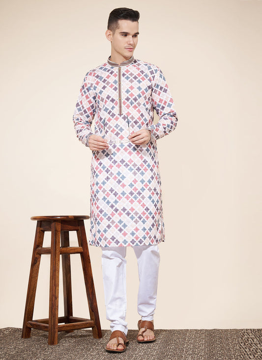 Multicolor Cotton Printed Mens Kurta Pajama Set