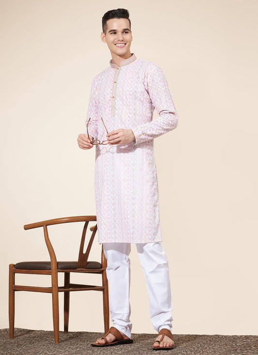 Blush Pink Cotton Printed Mens Kurta Pajama Set