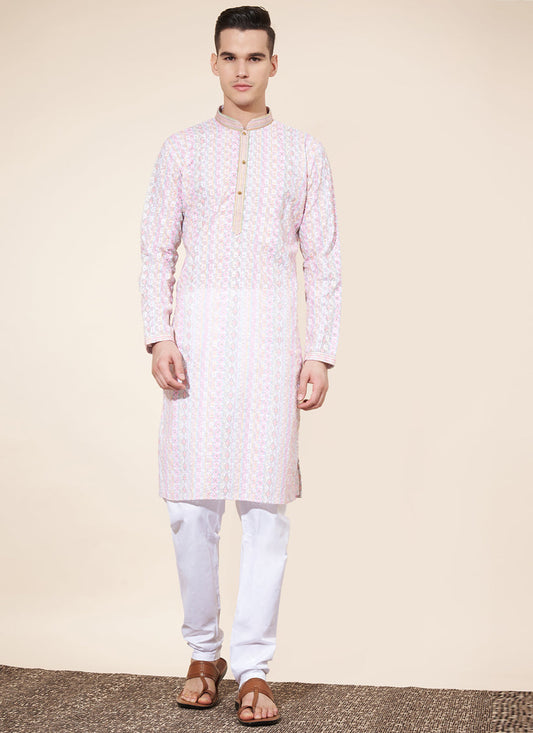Blush Pink Cotton Printed Mens Kurta Pajama Set