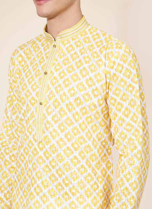 Lemon Yellow Cotton Printed Mens Kurta Pajama Set