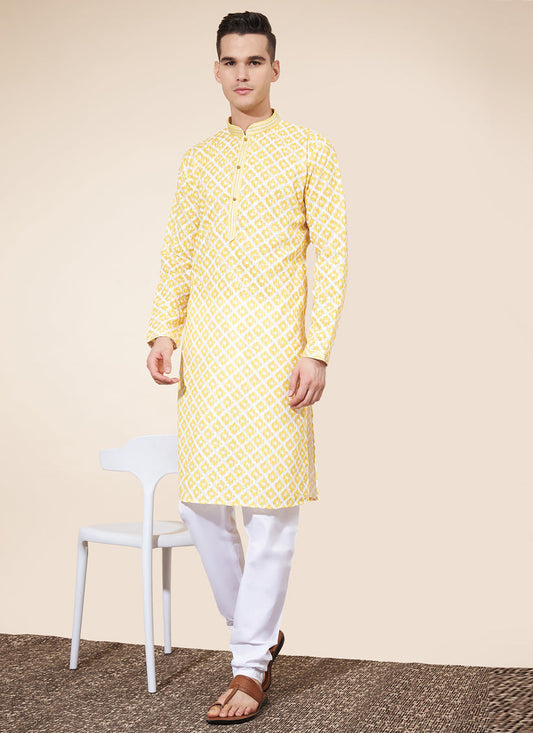 Lemon Yellow Cotton Printed Mens Kurta Pajama Set
