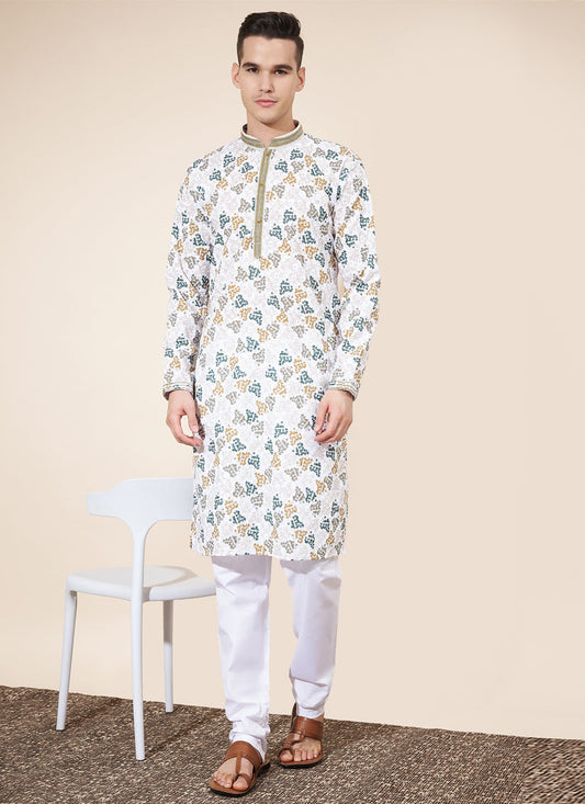 White Cotton Printed Mens Kurta Pajama Set