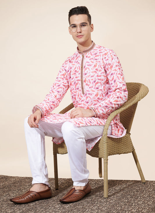 Blush Pink Cotton Printed Mens Kurta Pajama Set