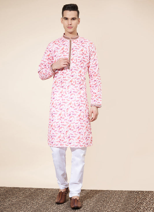 Blush Pink Cotton Printed Mens Kurta Pajama Set