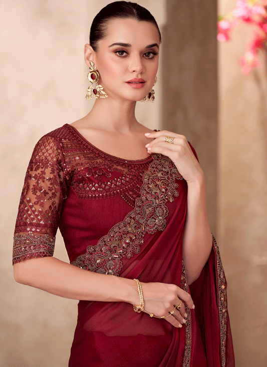 Sophisticated Maroon Chiffon Heavy Designer Saree