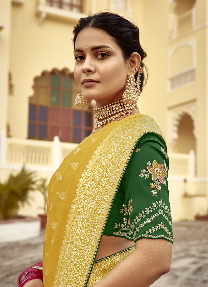 Maize Yellow Dola Silk Wedding Saree with Embroidered Blouse