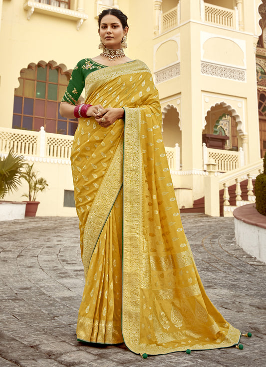 Maize Yellow Dola Silk Wedding Saree with Embroidered Blouse