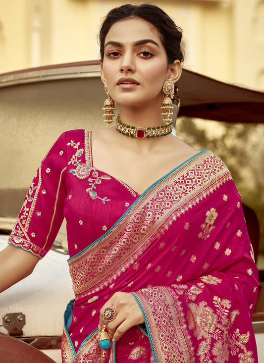Rani Pink Dola Silk Wedding Saree with Embroidered Blouse