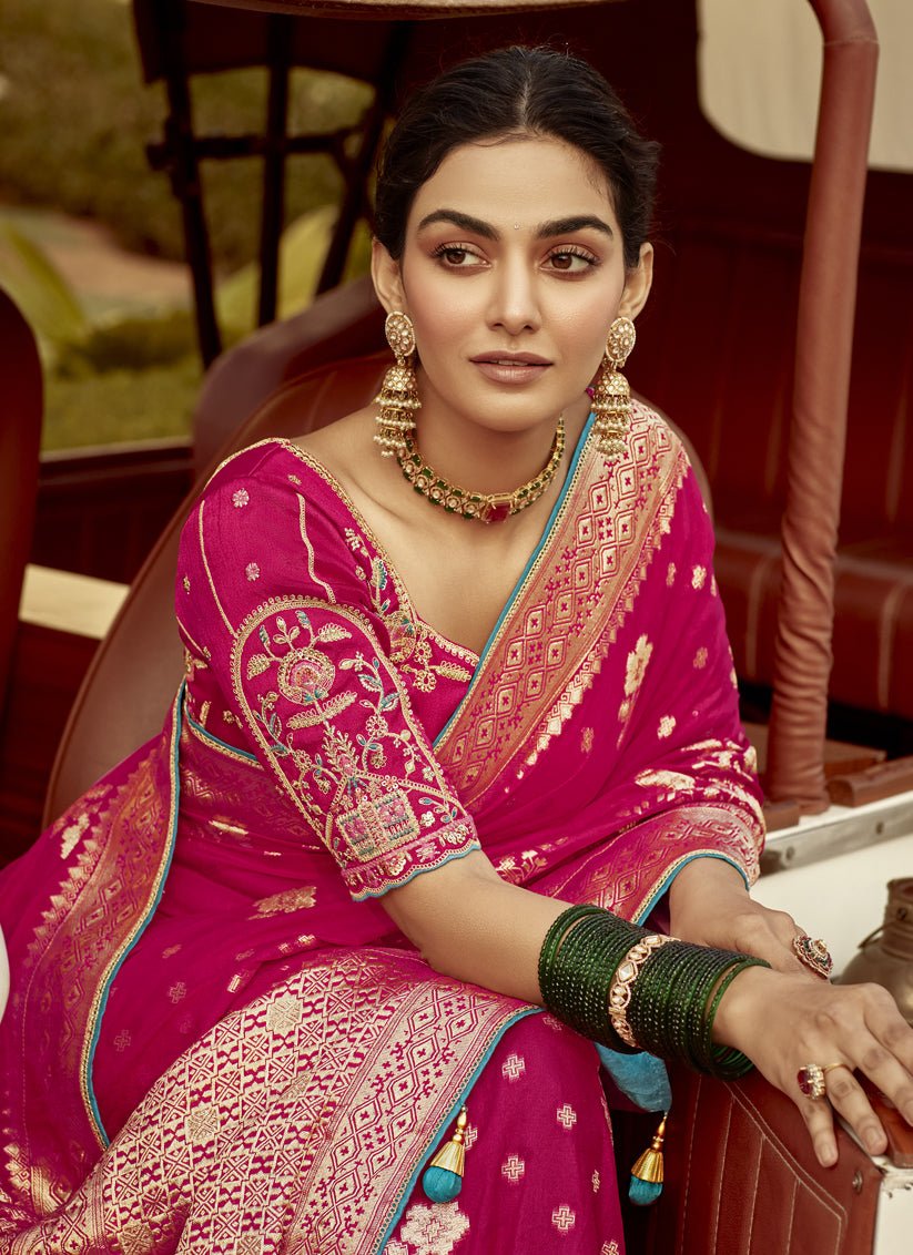 Rani Pink Dola Silk Wedding Saree with Embroidered Blouse