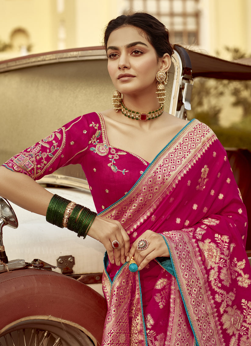 Rani Pink Dola Silk Wedding Saree with Embroidered Blouse