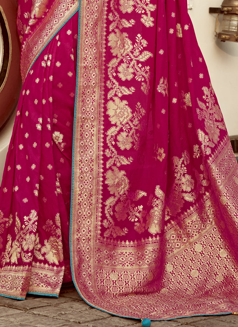 Rani Pink Dola Silk Wedding Saree with Embroidered Blouse