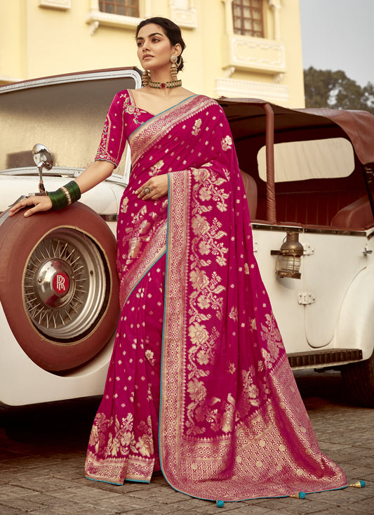Rani Pink Dola Silk Wedding Saree with Embroidered Blouse