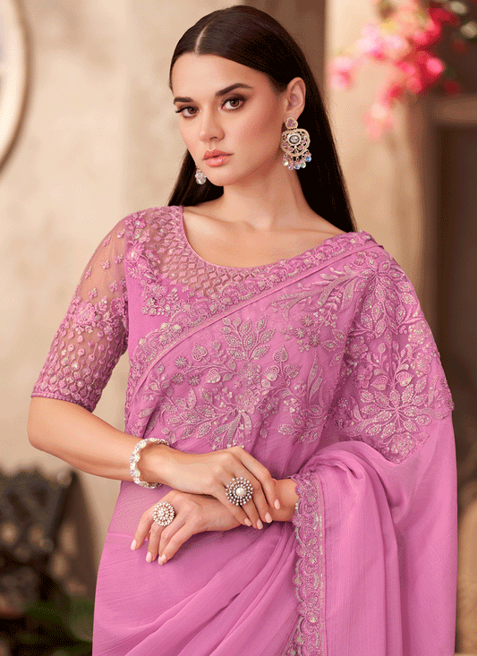 Flawless Orchid Pink Chiffon Heavy Designer Saree
