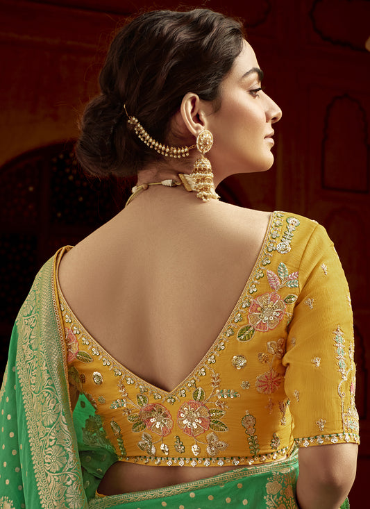 Rama Green Dola Silk Wedding Saree with Embroidered Blouse