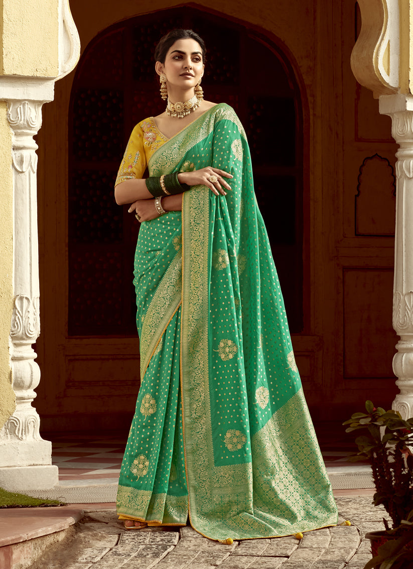 Rama Green Dola Silk Wedding Saree with Embroidered Blouse