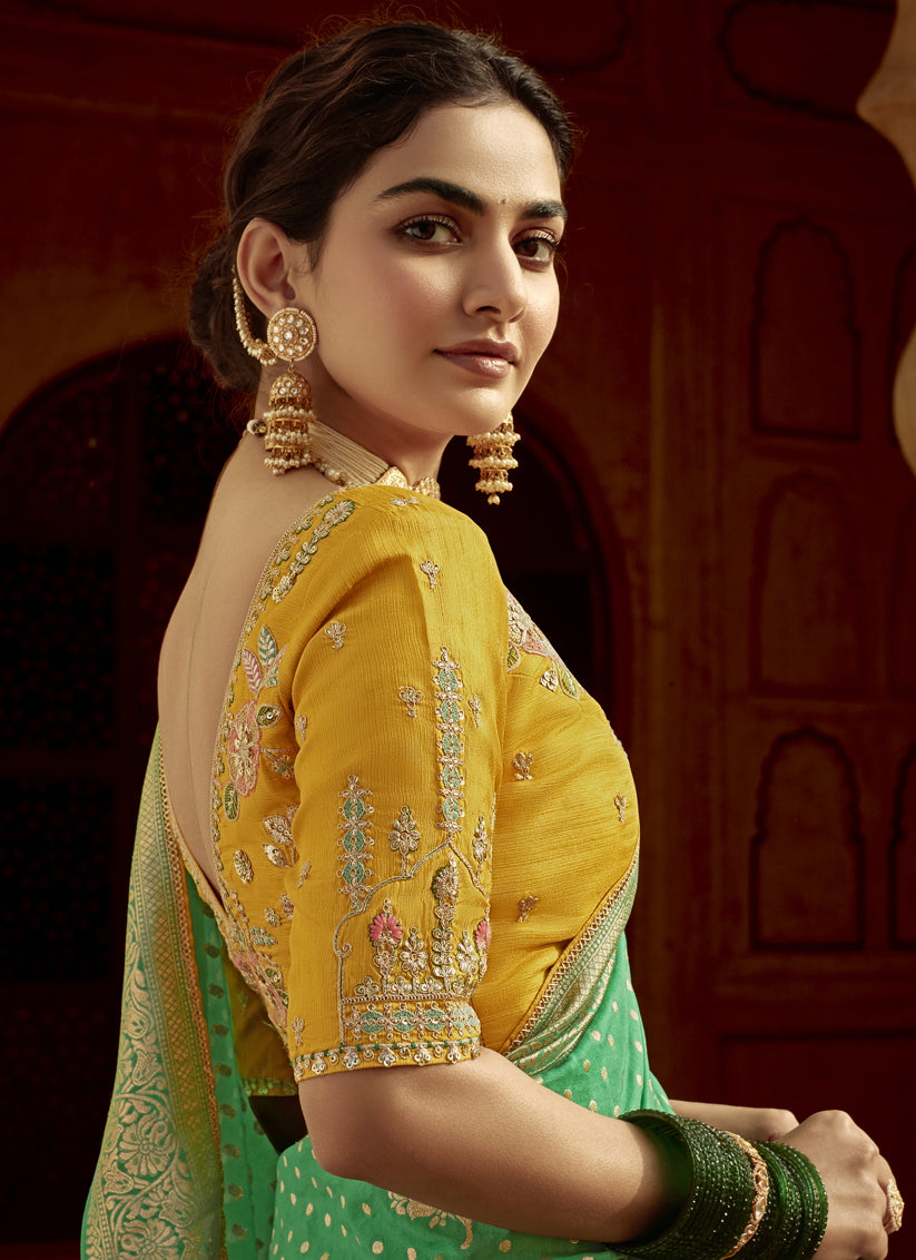 Rama Green Dola Silk Wedding Saree with Embroidered Blouse