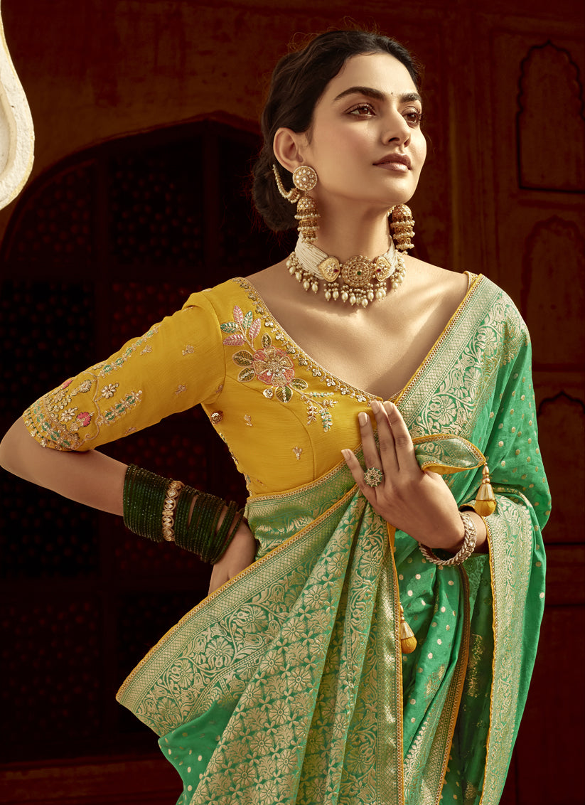 Rama Green Dola Silk Wedding Saree with Embroidered Blouse