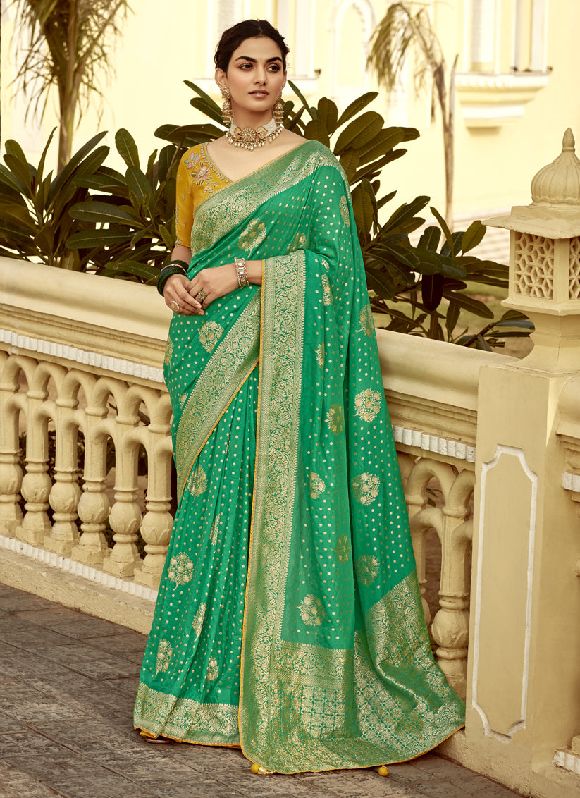 Rama Green Dola Silk Wedding Saree with Embroidered Blouse