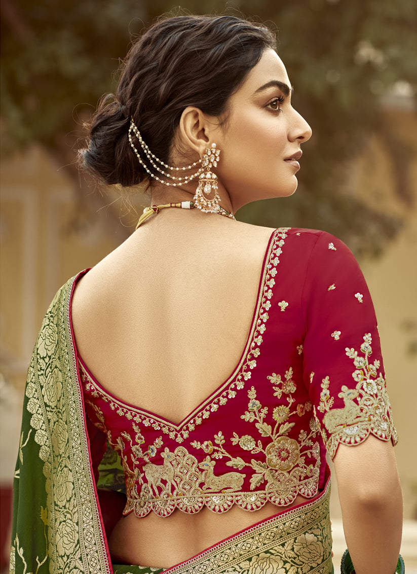 Olive Green Dola Silk Wedding Saree with Embroidered Blouse