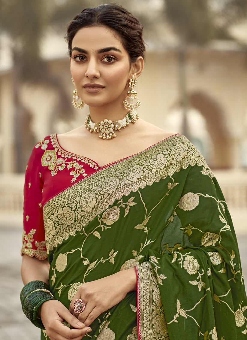 Olive Green Dola Silk Wedding Saree with Embroidered Blouse