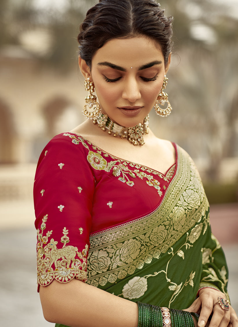 Olive Green Dola Silk Wedding Saree with Embroidered Blouse