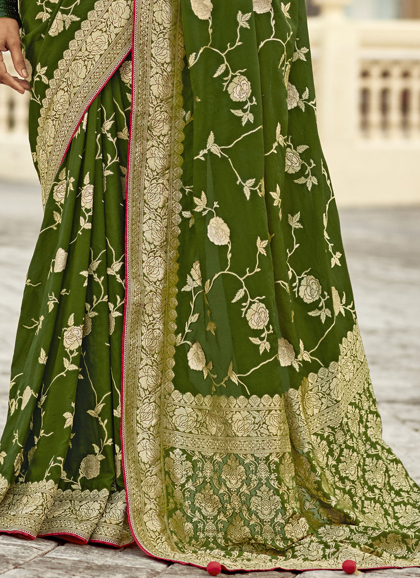 Olive Green Dola Silk Wedding Saree with Embroidered Blouse