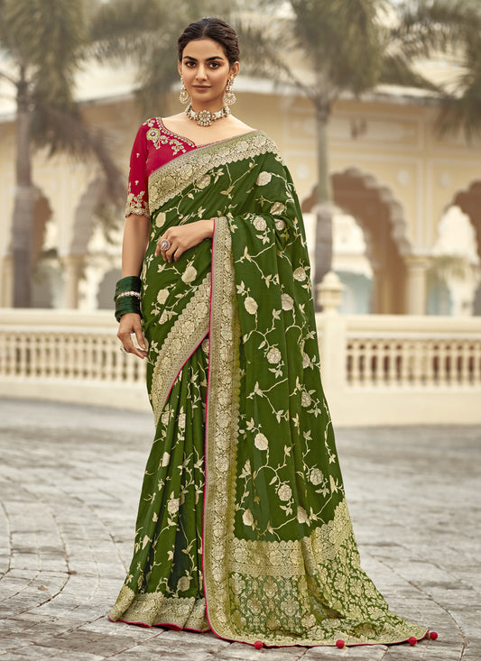 Olive Green Dola Silk Wedding Saree with Embroidered Blouse