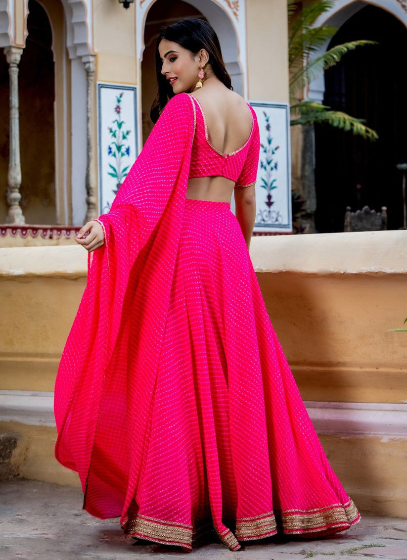 Hot Pink Georgette Leheriya Print Festival Lehenga Choli