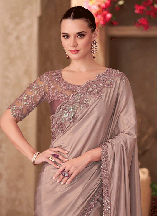 Luxurious Dusty Peach Crepe Heavy Designer Saree