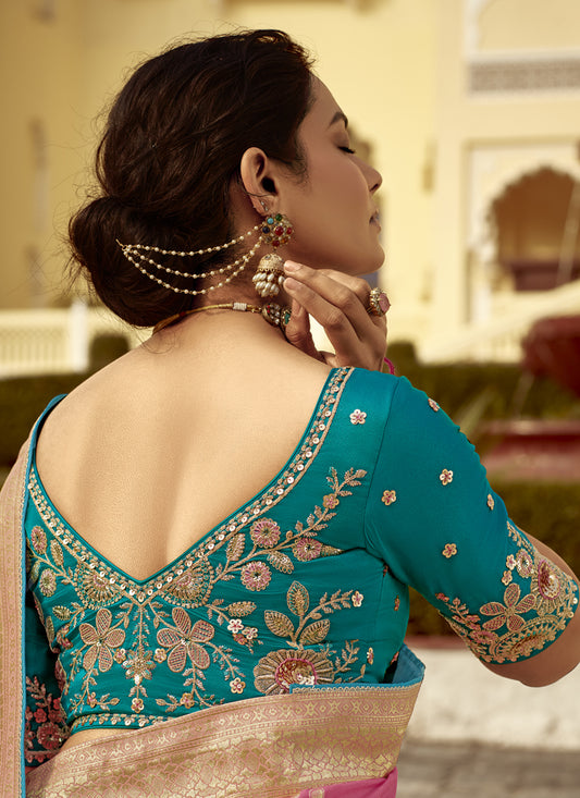 Cherry Pink Dola Silk Wedding Saree with Embroidered Blouse