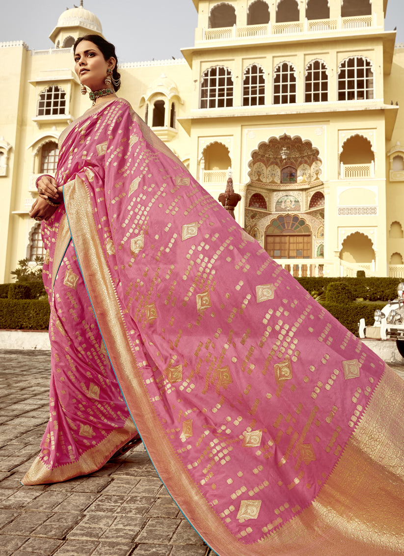 Cherry Pink Dola Silk Wedding Saree with Embroidered Blouse