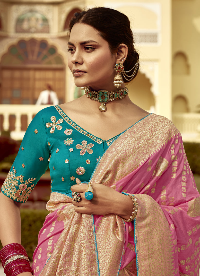 Cherry Pink Dola Silk Wedding Saree with Embroidered Blouse