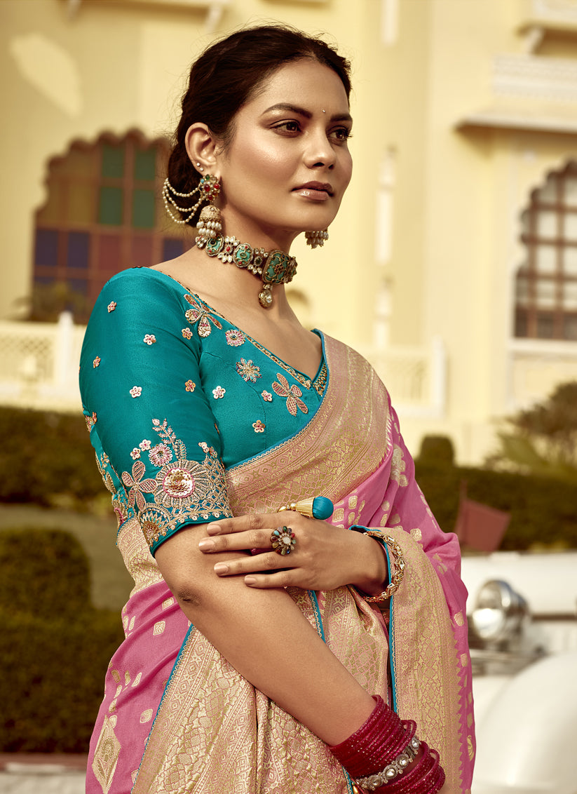Cherry Pink Dola Silk Wedding Saree with Embroidered Blouse
