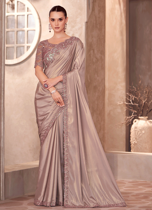 Luxurious Dusty Peach Crepe Heavy Designer Saree