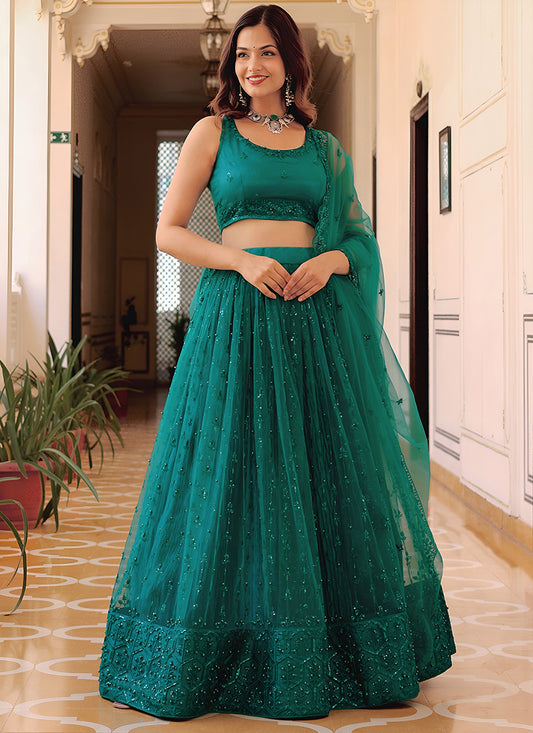 Charismatic Teal Green Embroidered & Heavy Sequins Lehenga Choli Set