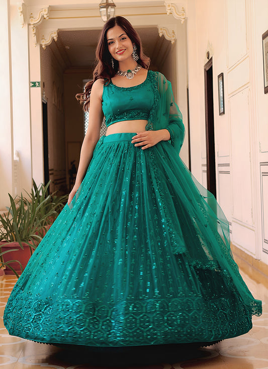 Charismatic Teal Green Embroidered & Heavy Sequins Lehenga Choli Set