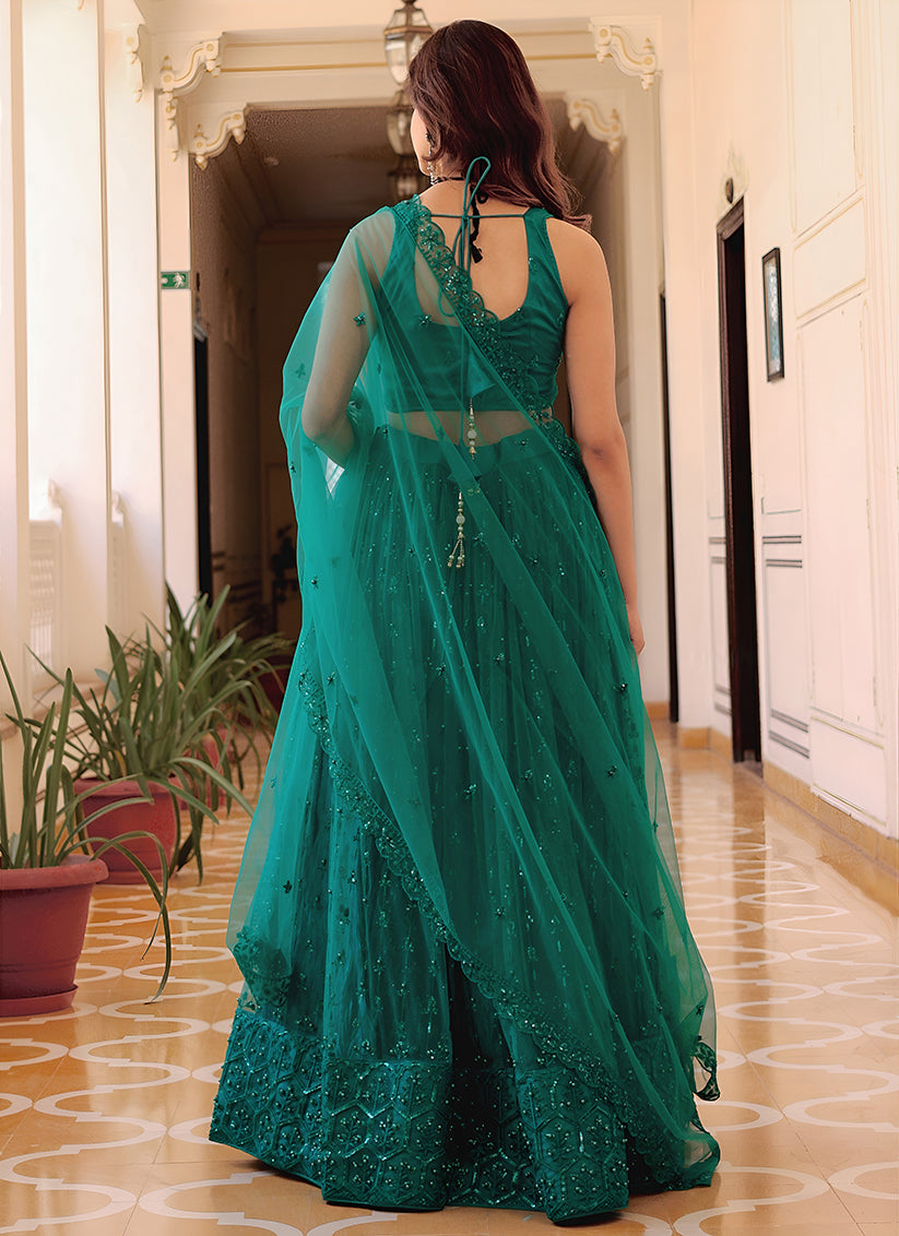 Charismatic Teal Green Embroidered & Heavy Sequins Lehenga Choli Set
