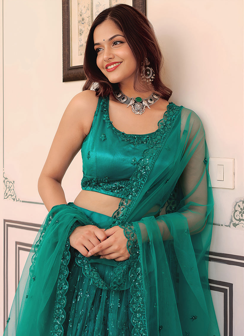 Charismatic Teal Green Embroidered & Heavy Sequins Lehenga Choli Set