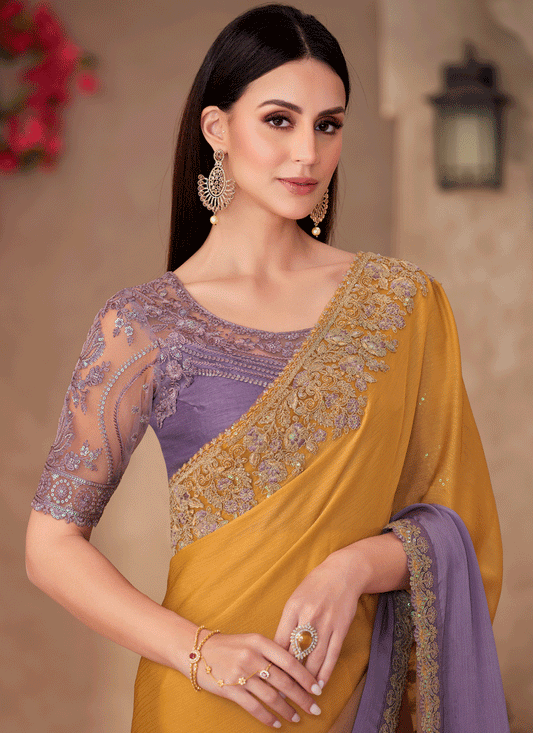 Striking Purple and Mustard Shadded Chiffon Heavy Designer Saree