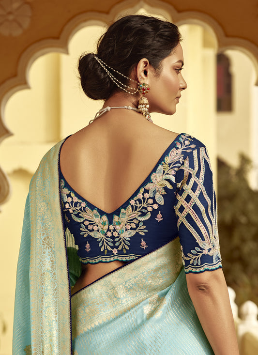 Ice Blue Dola Silk Wedding Saree with Embroidered Blouse