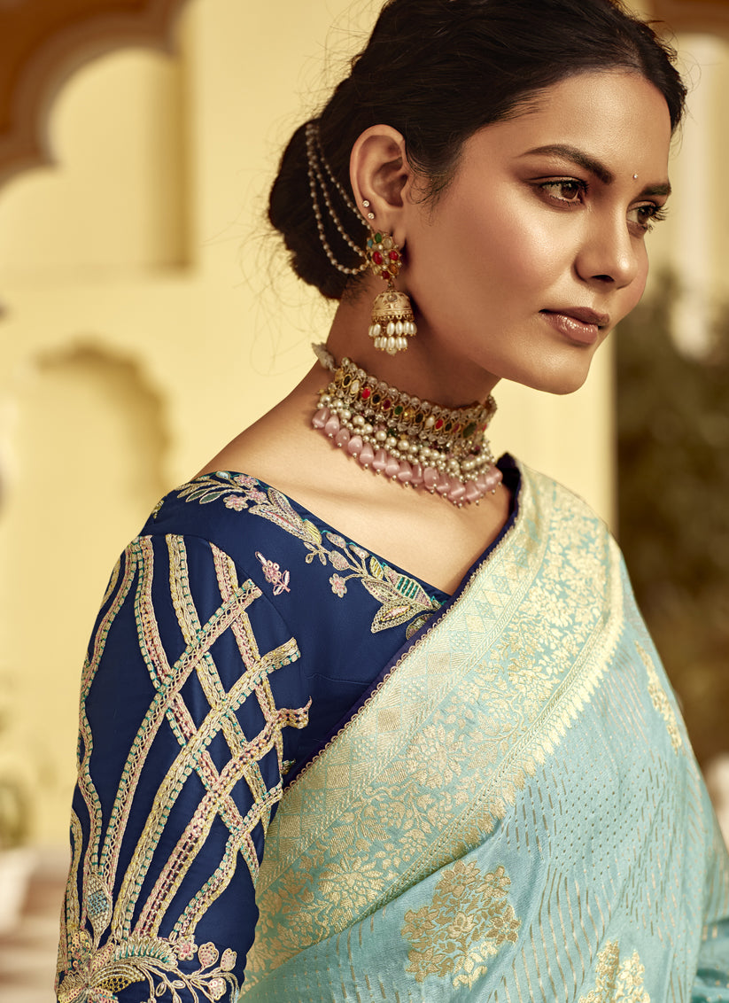 Ice Blue Dola Silk Wedding Saree with Embroidered Blouse