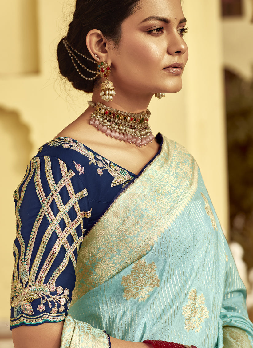 Ice Blue Dola Silk Wedding Saree with Embroidered Blouse