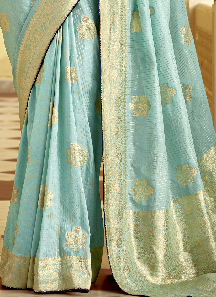 Ice Blue Dola Silk Wedding Saree with Embroidered Blouse